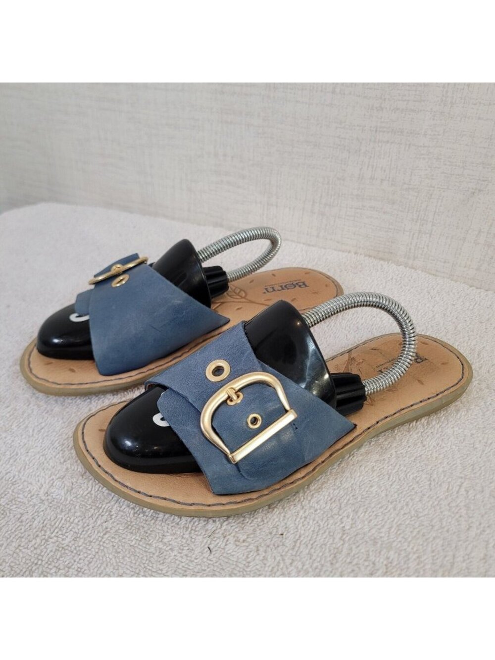 Born Sandals Womens 6M Blue Gold Leather Slides F26304 Casual Comfort - Picture 1 of 7